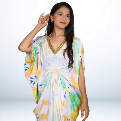 Mirror Embellished Neck Partywear Long Kaftan Dress