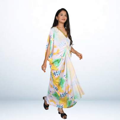 Mirror Embellished Neck Partywear Long Kaftan Dress