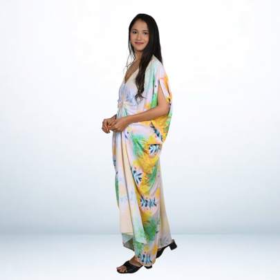Mirror Embellished Neck Partywear Long Kaftan Dress