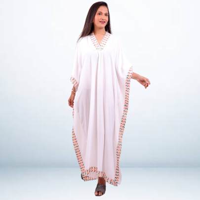 Multi Embroidered White Long Kaftan