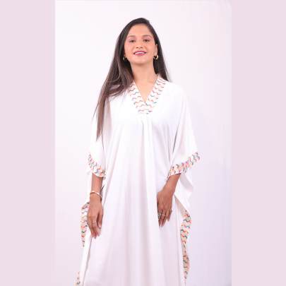 Multi Embroidered White Long Kaftan