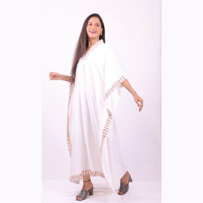 Multi Embroidered White Long Kaftan