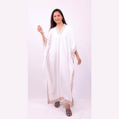 Multi Embroidered White Long Kaftan