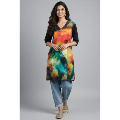 Multicolor Abstract Print V-Neck Kurta