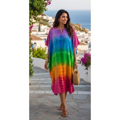 Multicolor Hand Tie-Dye Kaftan Dress