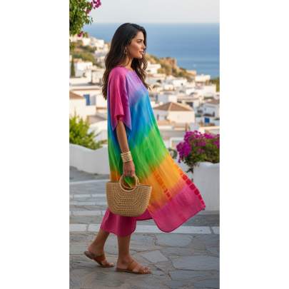 Multicolor Hand Tie-Dye Kaftan Dress