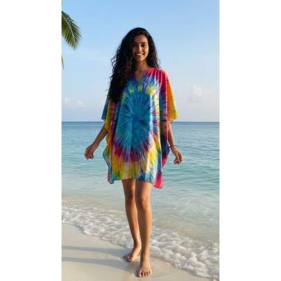 Multicolor Hand tie dye Printed Beach kaftan Cover up