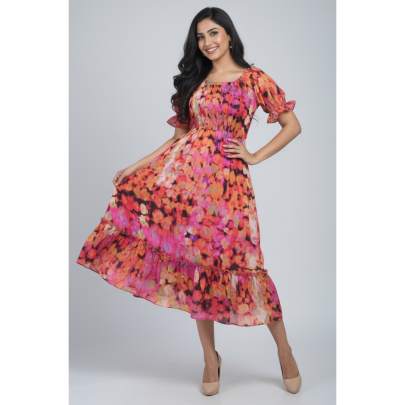Multicolor Smocked Floral Midi Dress with Ruffle Hem