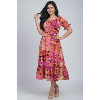 Multicolor Smocked Floral Midi Dress with Ruffle Hem