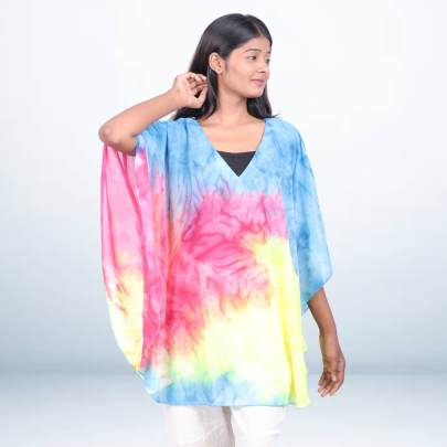 Multicolor Tie-Dye Short Kaftan with Blue Base