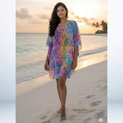 Multicolor Tie-Dye Short Kaftan Cover-Up 