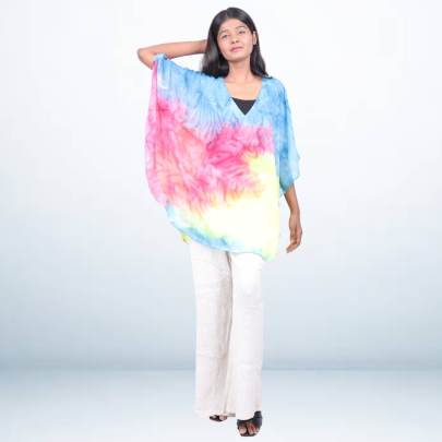 Multicolor Tie-Dye Short Kaftan with Blue Base