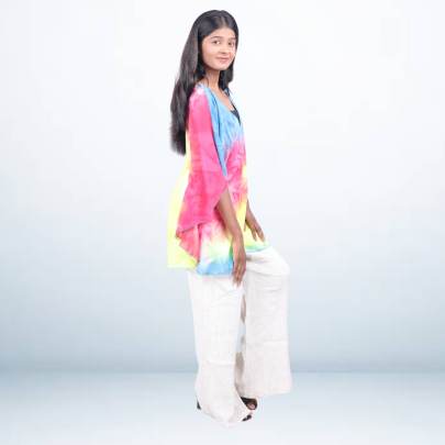 Multicolor Tie-Dye Short Kaftan with Blue Base