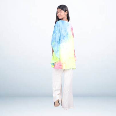 Multicolor Tie-Dye Short Kaftan with Blue Base