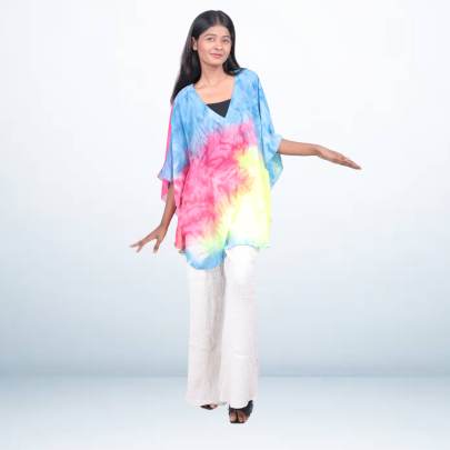 Multicolor Tie-Dye Short Kaftan with Blue Base