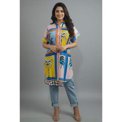 Multicolor Tropical Palm Print High Low Shirt Tunic
