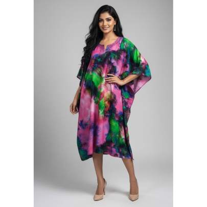 Multicolor Watercolor Print Long Kaftan for Women