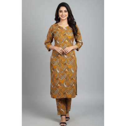 Mustard Paisley Printed Kurti Pant Set for Women