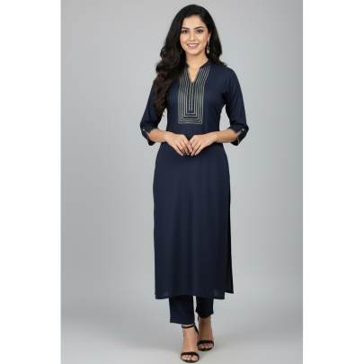 Navy Blue Lace yoke Kurti Pant Set