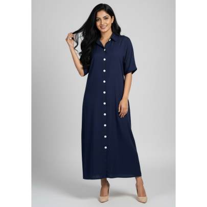 Navy Blue Show-Button Long Dress for Women
