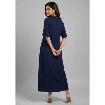 Navy Blue Show-Button Long Dress for Women
