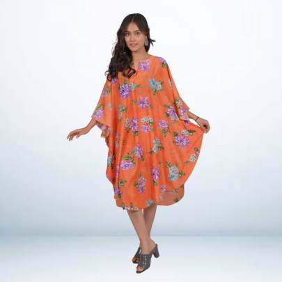 Orange Floral Printed Beach Short Kaftan