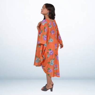 Orange Floral Printed Beach Short Kaftan