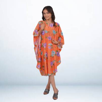 Orange Floral Printed Beach Short Kaftan
