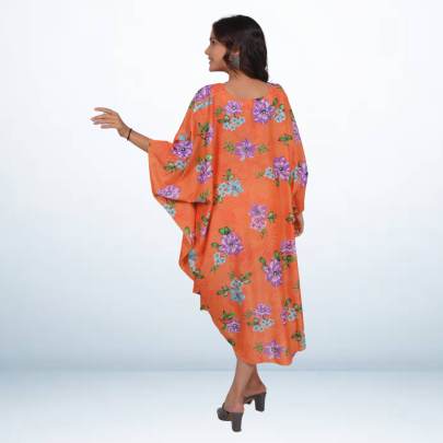 Orange Floral Printed Beach Short Kaftan