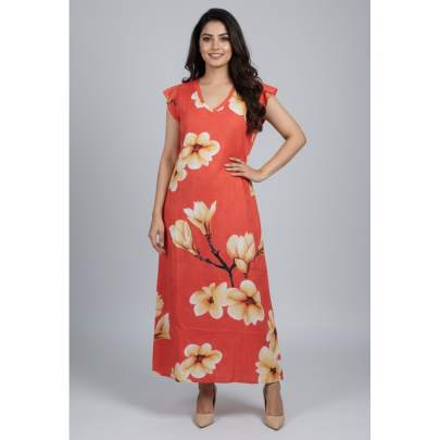 Orange Floral Printed Long Dress
