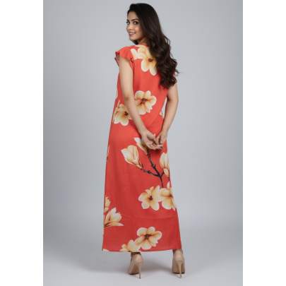 Orange Floral Printed Long Dress