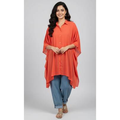 Orange Solid High-Low Poncho Shirt Top