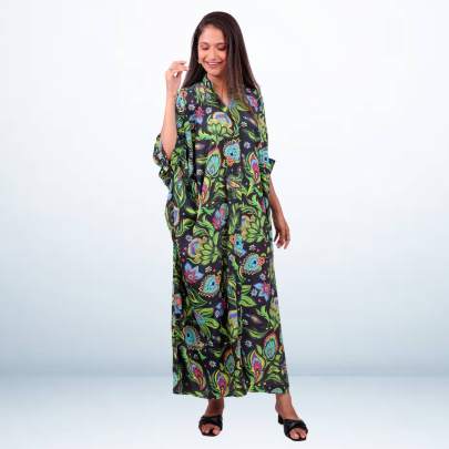 Paisley Printed Black Long Kaftan