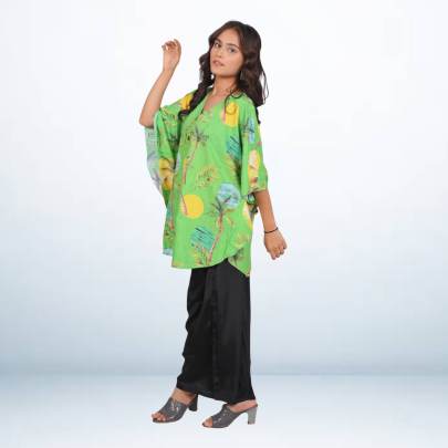 Parrot Green Printed Short Tunic Kaftan
