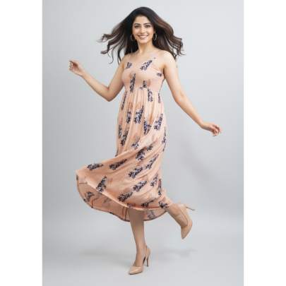 Peach Printed Sleeveless Midi Dress