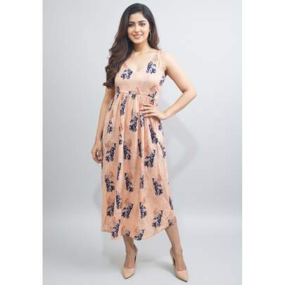 Peach Printed Sleeveless Midi Dress