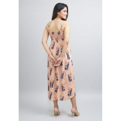 Peach Printed Sleeveless Midi Dress