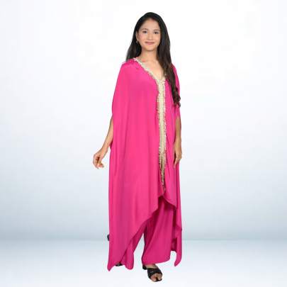 Pink Color Lace Detailing Asymmetrical Kaftan Pant Set
