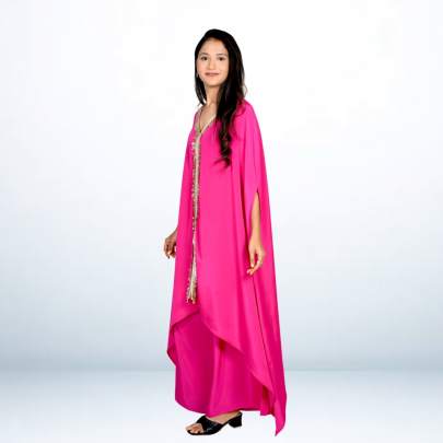 Pink Color Lace Detailing Asymmetrical Kaftan Pant Set