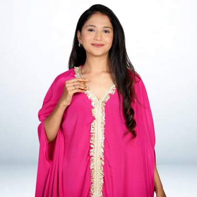 Pink Color Lace Detailing Asymmetrical Kaftan Pant Set