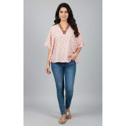Pink Embroidered Kaftan-Style Top