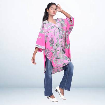 Pink Paisley Print Short Kaftan Cover Up