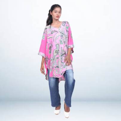 Pink Paisley Print Short Kaftan Cover Up