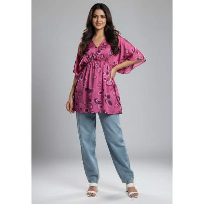 Pink Printed Empire-Waist Kaftan Top