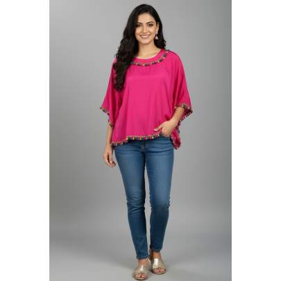 Pink Tassel Trim Poncho Top for Women