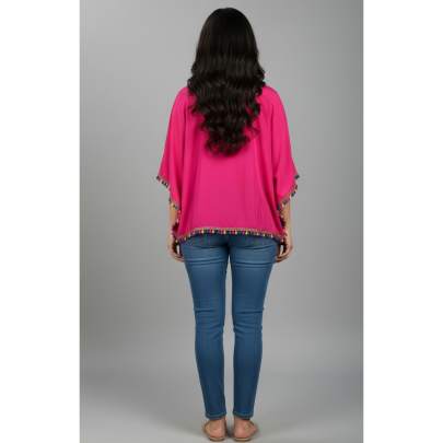 Pink Tassel Trim Poncho Top for Women