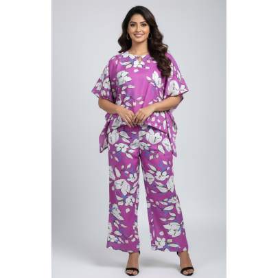 Purple Floral Printed Kaftan Top & Pant Co-ord Set