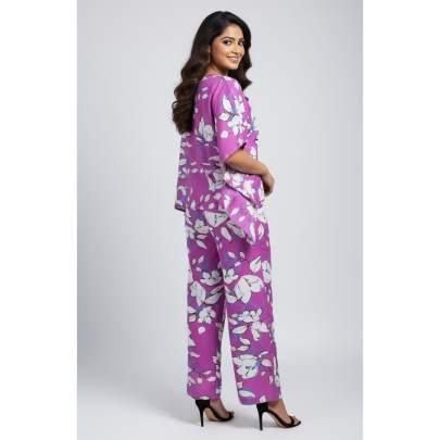 Purple Floral Printed Kaftan Top & Pant Co-ord Set