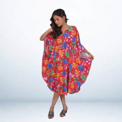 Red Floral Printed Beach Short Kaftan