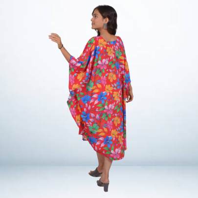 Red Floral Printed Beach Short Kaftan